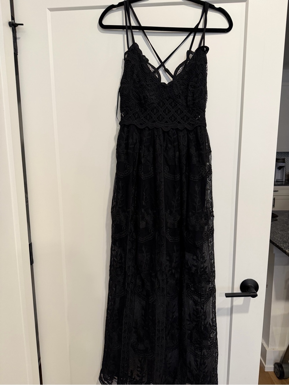 Black Lace Maxi Dress with Crisscross Straps